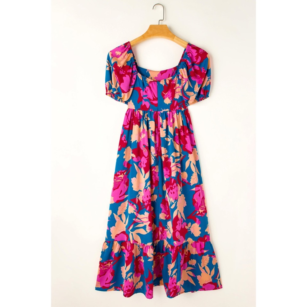 CLEARANCE! Blue Floral Bubble Sleeve Flowy Back Zip Square Neck Midi Dress! - Picture 7 of 11